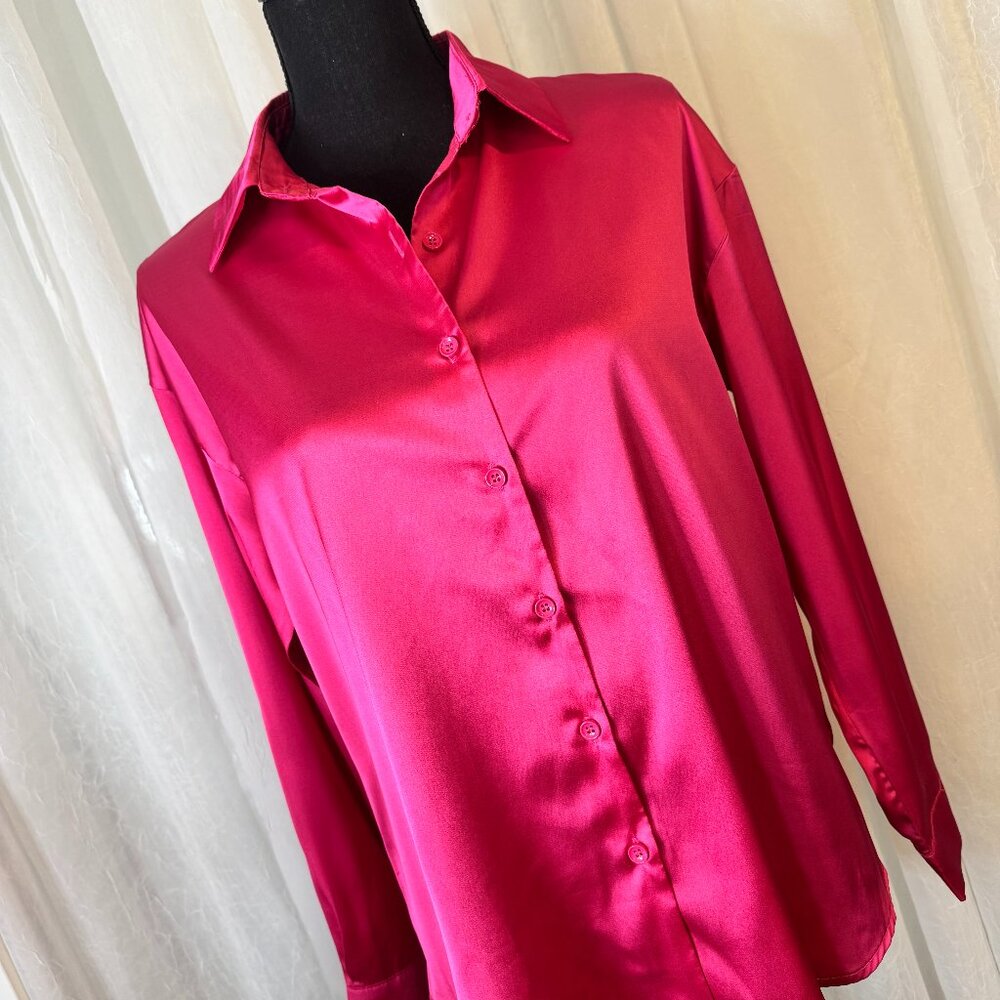 Hot Pink Silky Button-Up Blouse
